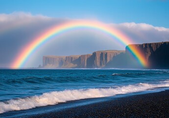 A brilliant rainbow arching over a coastal landscape, with waves crashing on the shore and cliffs in the distance, capturing the harmony of nature