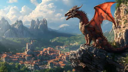 Un dragon ancien perché sur un falaise dominante un village