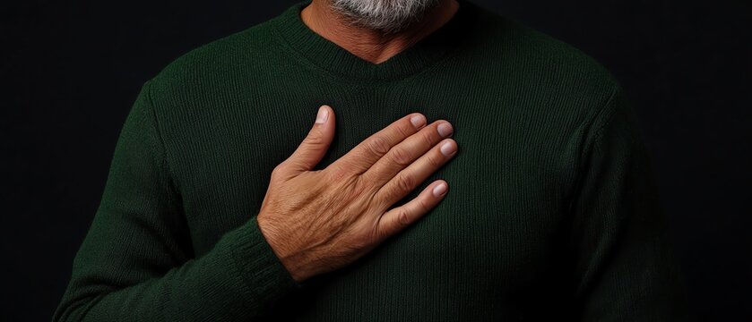 Person with a hand on their chest in discomfort, pain, nagging chest ache