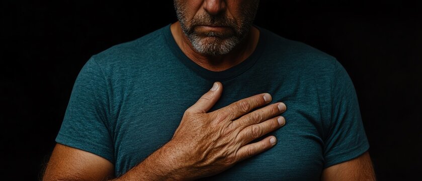 Person with a hand on their chest in discomfort, pain, nagging chest ache