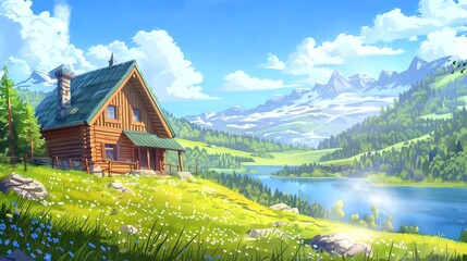 Rustic cabin perched on a hilltop overlooking a tranquil lake and rolling hills. Fantasy landscape, looping 4k video animation background