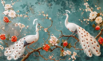 wallpaper with white peacock birds with trees plants and birds in a vintage style landscape blue background, Generative AI 