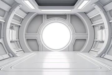 Fototapeta premium Futuristic white interior with a large round window.