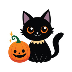 halloween cat with pumpkin vector