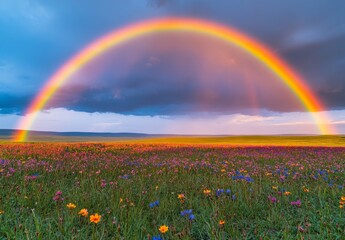 A colorful rainbow stretching across an open field of wildflowers, with a stormy sky in the background adding contrast to the vibrant colors