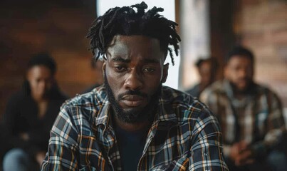 Fototapeta premium Sad anxiety depressed black man at support group meeting for mental health and addiction issues in anonymous community space, Generative AI 
