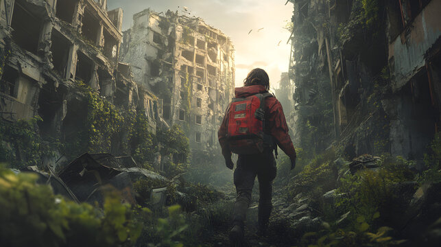 Ein &Uuml;berlebender erkundet eine verlassene, zerst&ouml;rte Stadt
