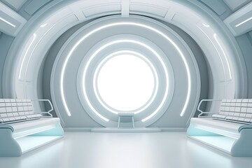 Obraz premium Futuristic white interior with glowing circle and benches.