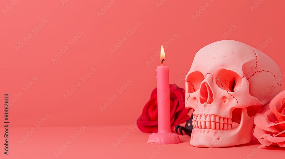 Wall mural a pink skull is on a table with a candle and a rose