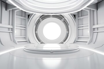 Obraz premium Futuristic white platform with a circular opening in a white, geometric, modern, abstract, empty, spaceship, interior.