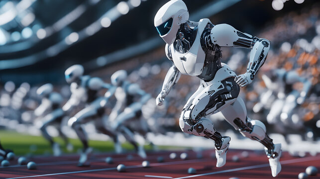 Roboterathleten im futuristischen Stadion Schw&auml;rmerischen Sportlerlebnisse