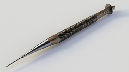 A close-up of a sharp, silver awl with a wooden handle.