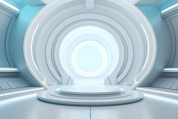 Obraz premium Futuristic white platform with glowing blue light.