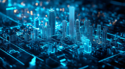 A futuristic cityscape glowing in blue neon, representing the digital world and urban technology