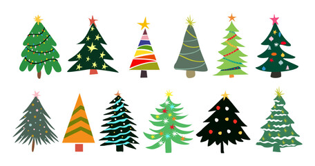 Collection of Christmas trees. Traditional winter holidays symbol set. Colorful vector illustration in flat cartoon style isolated on white background. Design elements for New year cards, banner.