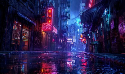 Dark street in cyberpunk city, gloomy alley with neon lighting, Generative AI 