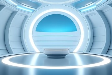 Fototapeta premium Futuristic white room with a circular platform and blue lighting.