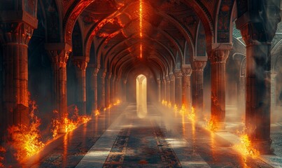 Fototapeta premium Ancient classic architecture stone arches with flames, Generative AI 