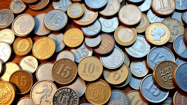 Muchas monedas en el fondo. Simboliza la econom&iacute;a mundial. Monedas de diferentes partes del mundo. Finanzas. 