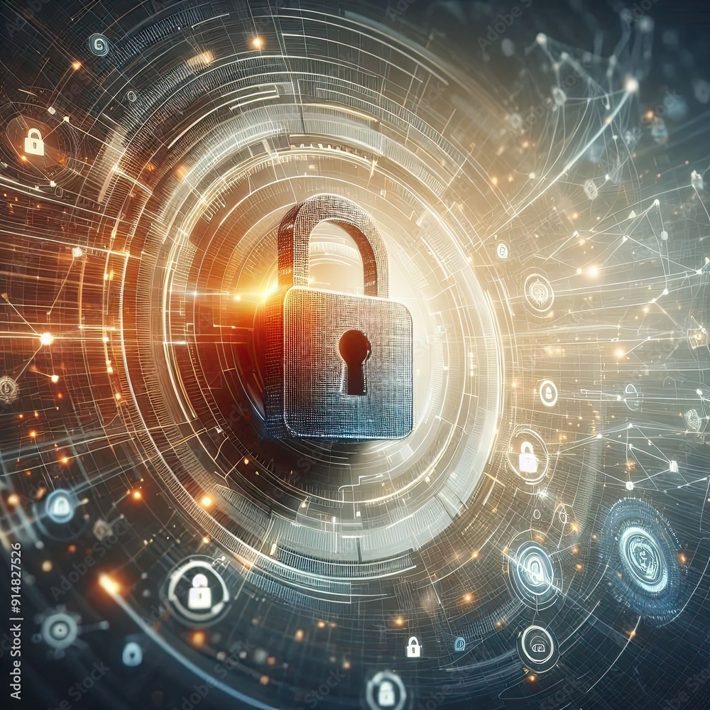 Poster abstract cyber security concept with a padlock icon, network data and dynamic lines on a light color