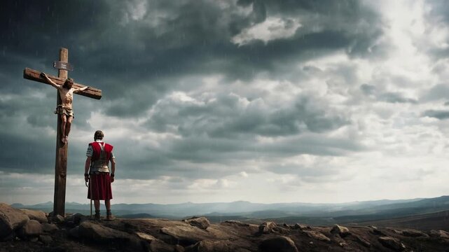 Roman soldiers crucifying Jesus Christ, christian background, motion loop