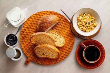 Bread and granola.
Breakfast image.

