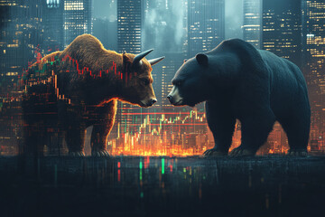 Bull and bear face off in a digital cityscape, stock market tension