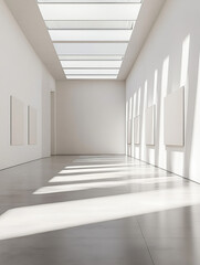 A white gallery space with skylights