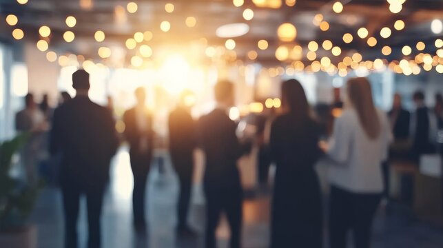 Blurred shot of business people at party in office center, standing and talking, backs turned, with food and champagne glasses on the table, creating a professional and elegant atmosphere