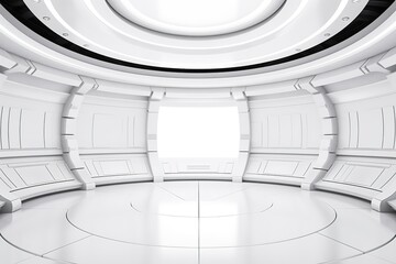 Obraz premium Futuristic white room with circular design and a large window.