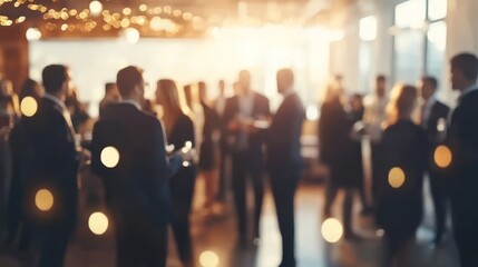 Blurred shot of business people at party in office center, standing and talking, backs turned, with food and champagne glasses on the table, creating a professional and elegant atmosphere