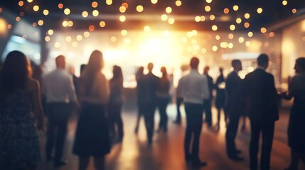 Blurred shot of business people at party in office center, standing and talking, backs turned, with food and champagne glasses on the table, creating a professional and elegant atmosphere