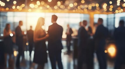 Blurred shot of business people at party in office center, standing and talking, backs turned, with food and champagne glasses on the table, creating a professional and elegant atmosphere