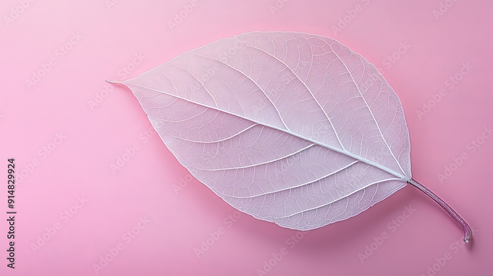 Wall mural Single white leaf skeleton on a pink