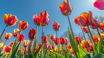 Fototapeta premium Vibrant Tulips Against a Clear Blue Sky