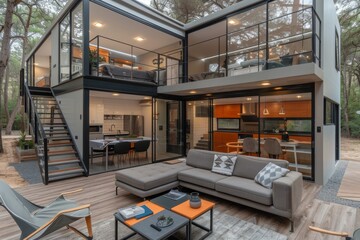 Contemporary urban treehouse with multi level decks and lush surroundings integrating nature with modern living