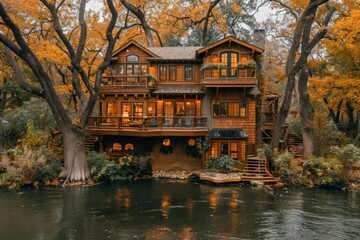 Obraz premium Enchanting lakeside treehouse integrated into natural surroundings offering an idyllic retreat from urban life