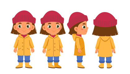 Autumn girl constructor. Schoolgirl in yellow raincoat and red hat. Kit for creating animations. Pack of character in different poses. Flat vector collection