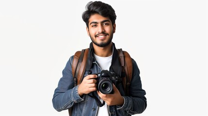 Young Man Holding Camera and Wearing Backpack in Studio