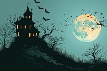 Fototapeta premium An old, spooky house on top of a hill with a full moon