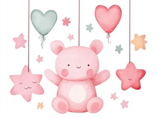 Cute watercolor of a baby shower icon with a happy pastel mobile design hanging on a white background  Peaceful gentle and sentimental image for newborn nursery and baby shower decor and