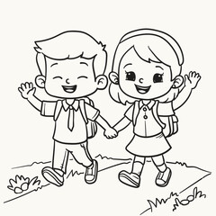 Coloring book for children: Boy and girl go to school
