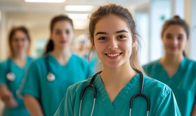 Confident Young Nursing Student with Medical Team: Portrait of Aspiring Healthcare Professionals in Hospital Setting. Surgical Scrubs, Internship Experience, and Career Aspirations Captured in High-Qu