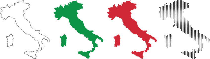 Italy map in various style outline, green, red, and dotted.