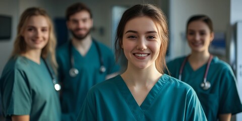 Confident Young Nursing Student with Medical Team: Portrait of Aspiring Healthcare Professionals in Hospital Setting. Surgical Scrubs, Internship Experience, and Career Aspirations Captured in High-Qu