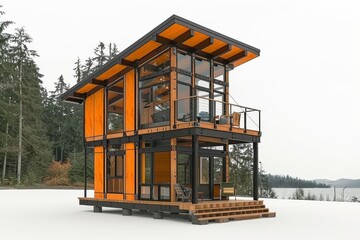 Contemporary treehouse with glass walls nestled among towering trees offering a seamless nature immersive experience