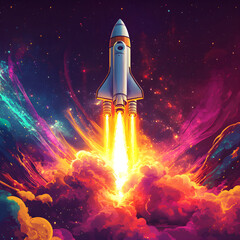 Obraz premium A space rocket launching into a vibrant, colorful galaxy, with flames and smoke billowing beneath, symbolizing innovation and exploration. The scene appears to be a surreal, generative digital artwork