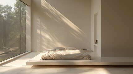 Minimalist bedroom with low bed and large, empty wall space