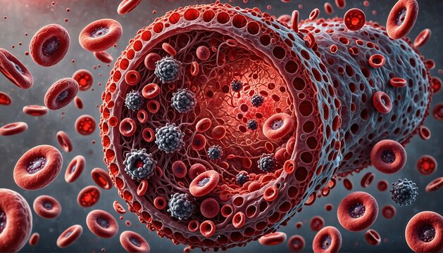 Imagen de un sangrado arterial o venoso. Vaso visto en un corte transversal. Muestra elementos propios para la formaci&oacute;n de un co&aacute;gulo. Ideal para representar un evento hemorr&aacute;gico. Hemocomponentes. 