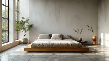 Minimalist bedroom with low bed and large, empty wall space